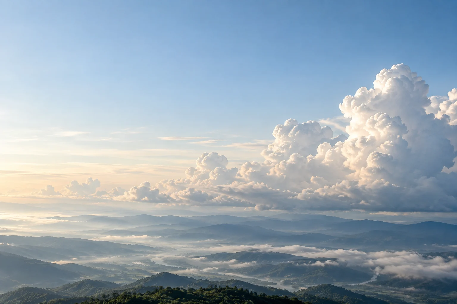 清晨的层叠山峦与云海，高大积云伸向天空